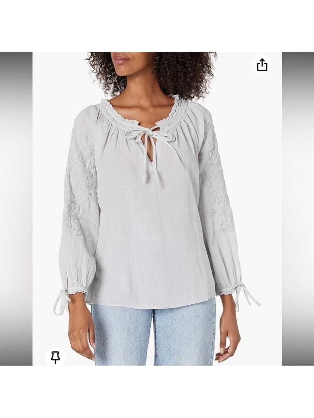 Lucky Brand Womens Metallic Embroidery Tie Sleeve Peasant Blouse Small